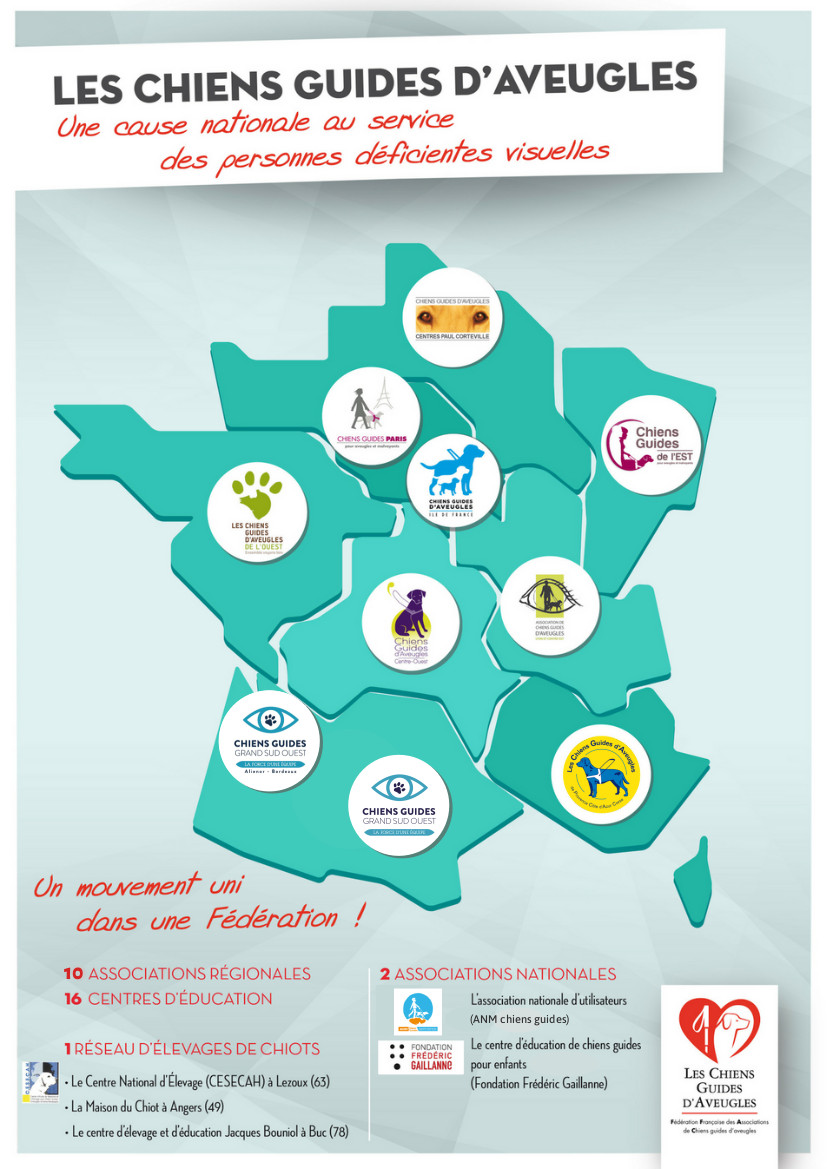 Carte de France du réseau chiens guides de la FFAC